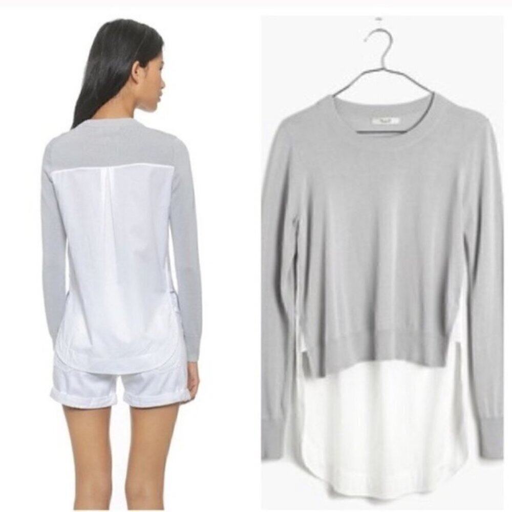 Madewell C0338 Gray White Long Sleeve Lagenlook Mixer Pullover Sweater Size XS